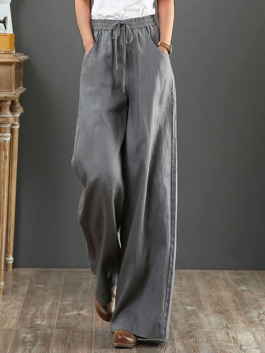 Women Solid Color Elastic Waist Pockets Casual Linen Wide Leg Pants