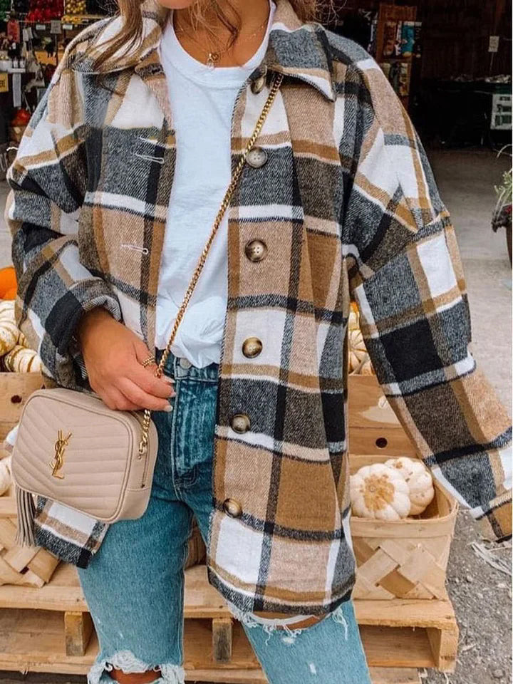 Large Plaid Shirt Women's Woolen Coat