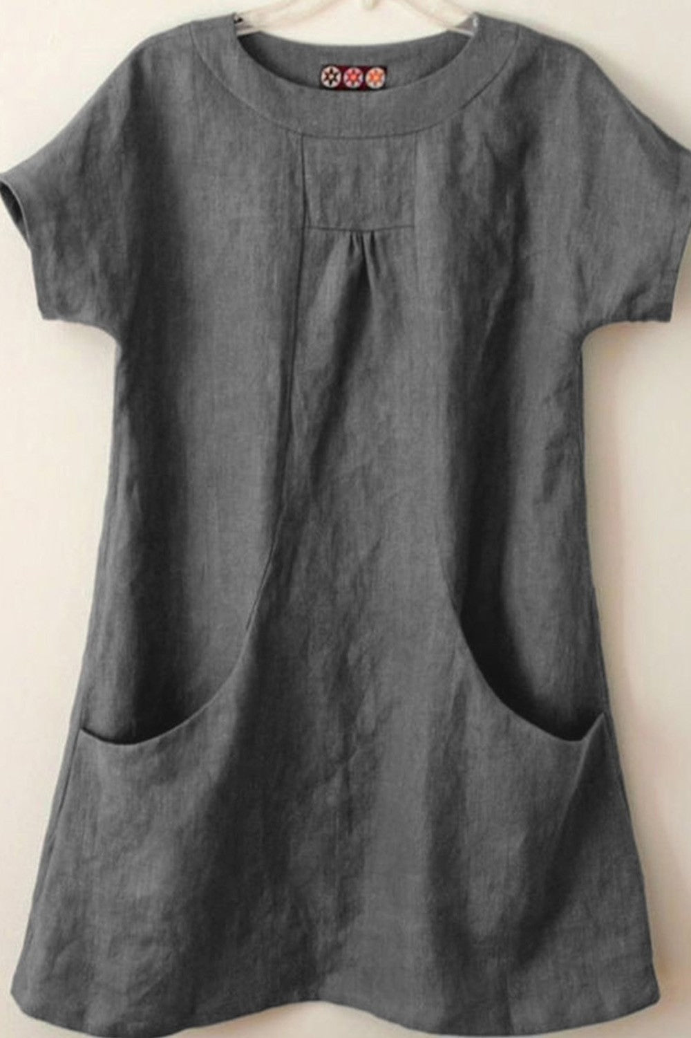 Plain Pockets Round Neck Short Sleeves Blouse