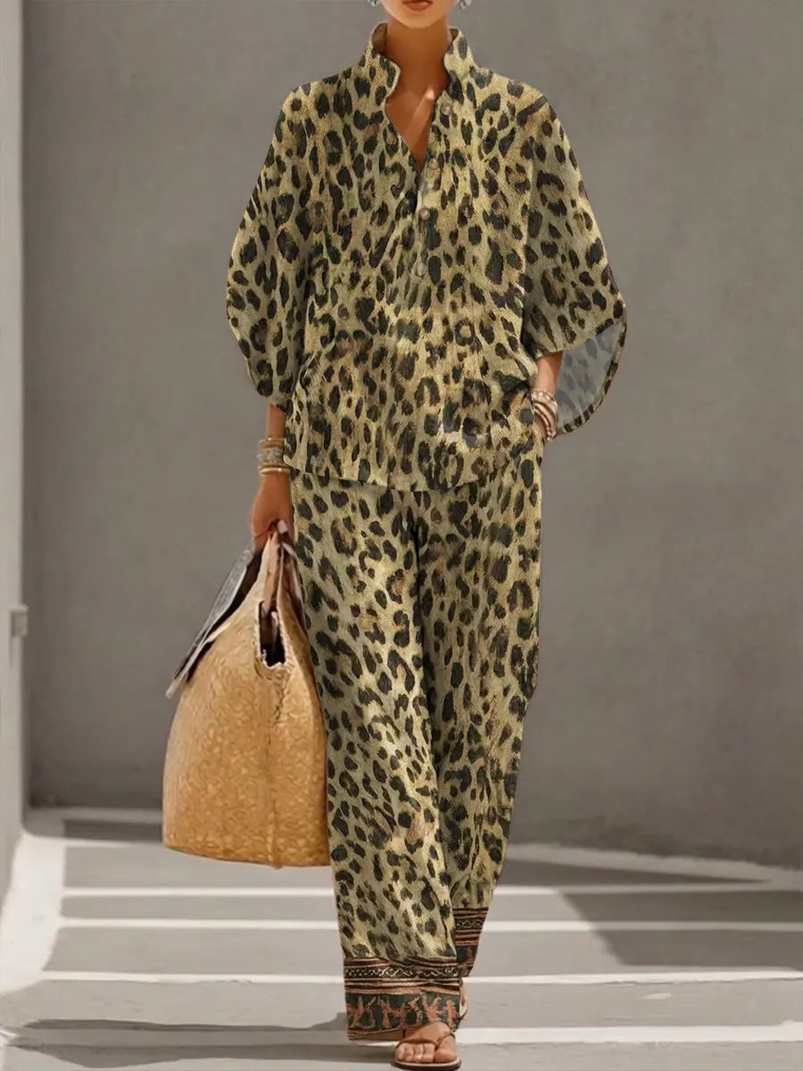 Women's Retro Leopard Art Print Casual 3/4 Sleeve Top And Pants Cotton Linen Suits