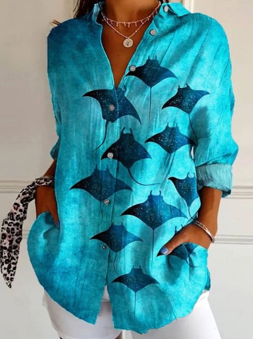 Women's Shirt Cotton Button Up Floral Geometric Basic Blouse Casual Long Sleeve Shirt Collar Daily Top