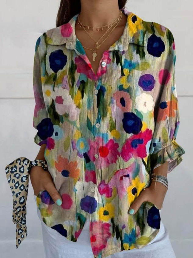 Women's Shirt Cotton Button Up Floral Geometric Basic Comfy Blouse