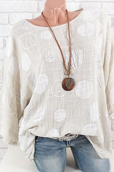 Polka Dot Print Round Neck 3/4 Sleeves Blouse