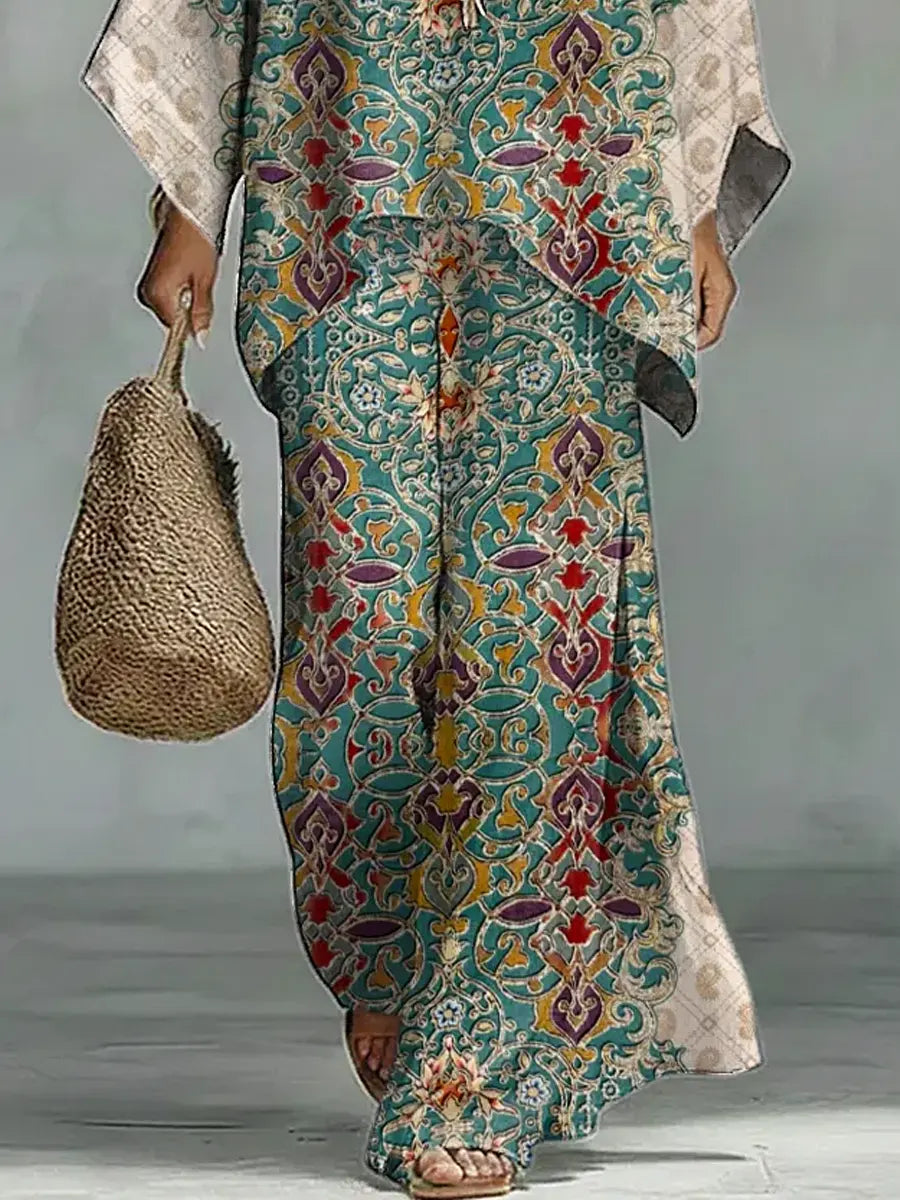 Women's Vintage Ethnic Floral Art Comfortable Loose Cotton Linen Wide-leg Pants Two-piece Set