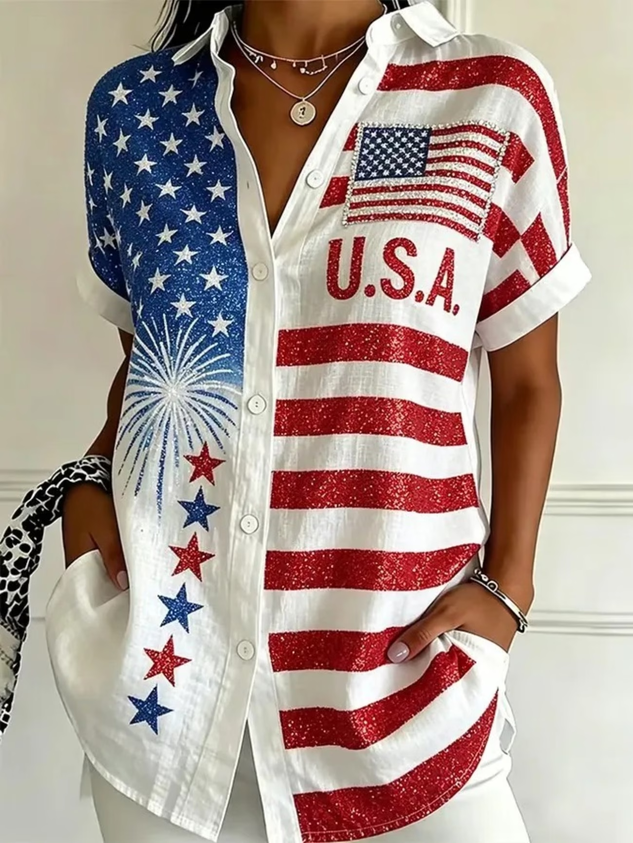Women's Independence Day Flag Print Loose Fit Short Sleeve Button Up Shirt