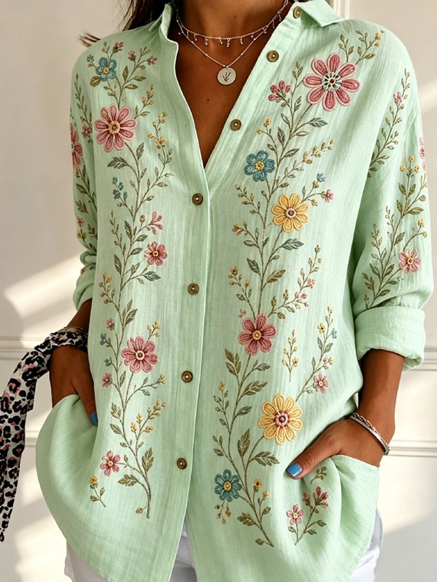 Women's Floral Print Loose Fit Long Sleeve Shirt