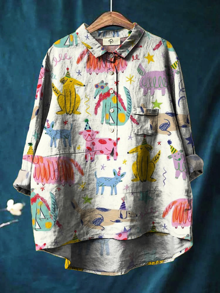 Cartoon Hand Drawn Cute Animal Puppy Print Cotton And Linen Shirt