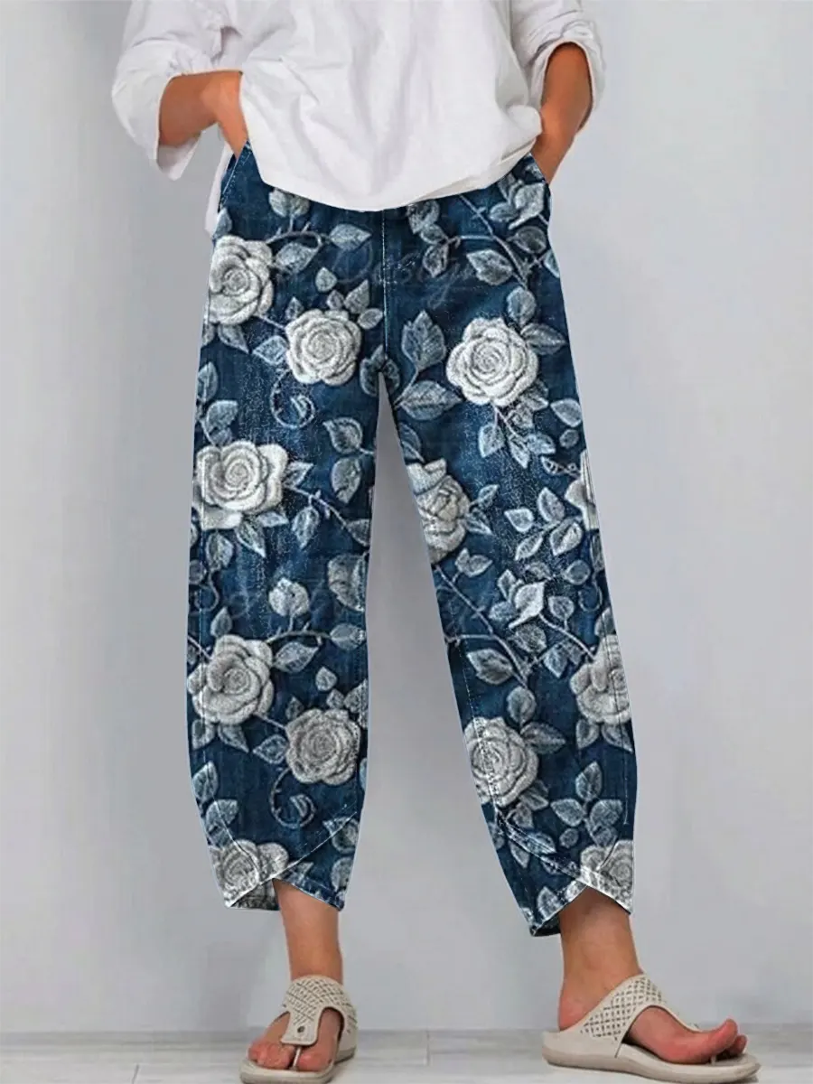 Women's Vintage Floral Pattern Art Print Casual  Denim Pants