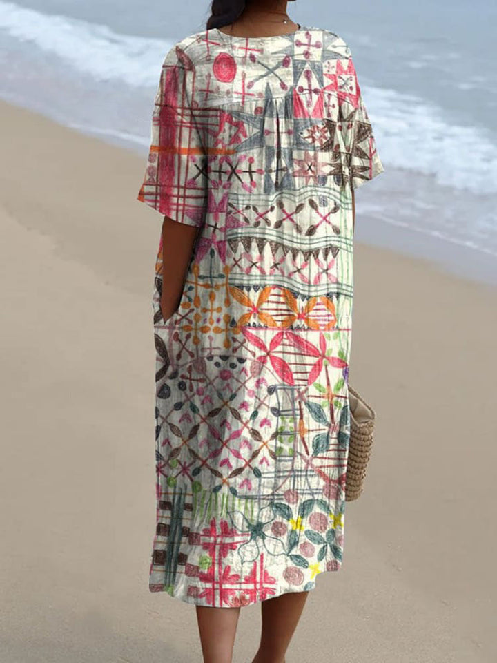 Women's Vintage Abstract Painting Art Print Flowy Dress
