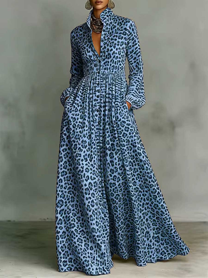 Women's Leopard Print Shirt-collar Long-sleeve Casual Loose A-line Dress