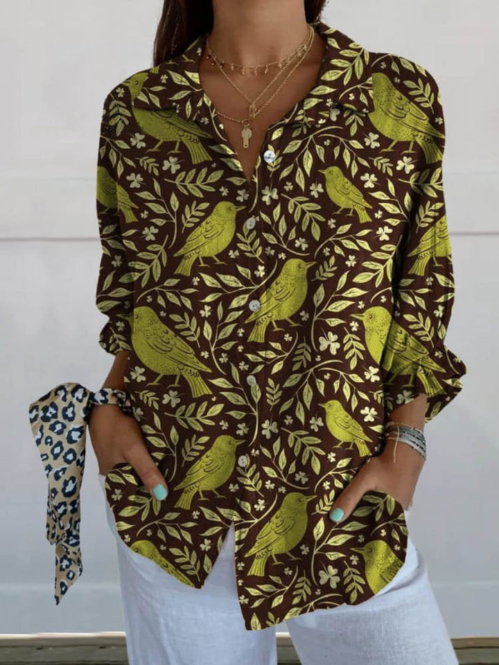 Women's Vintage Floral Birds Art Print Casual Linen V-neck Shirt