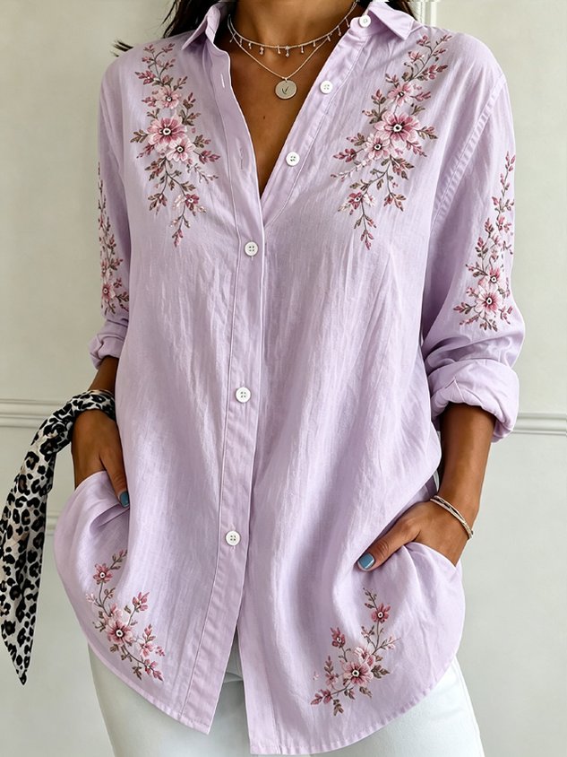 Women's Floral Print Loose Fit Long Sleeve Shirt