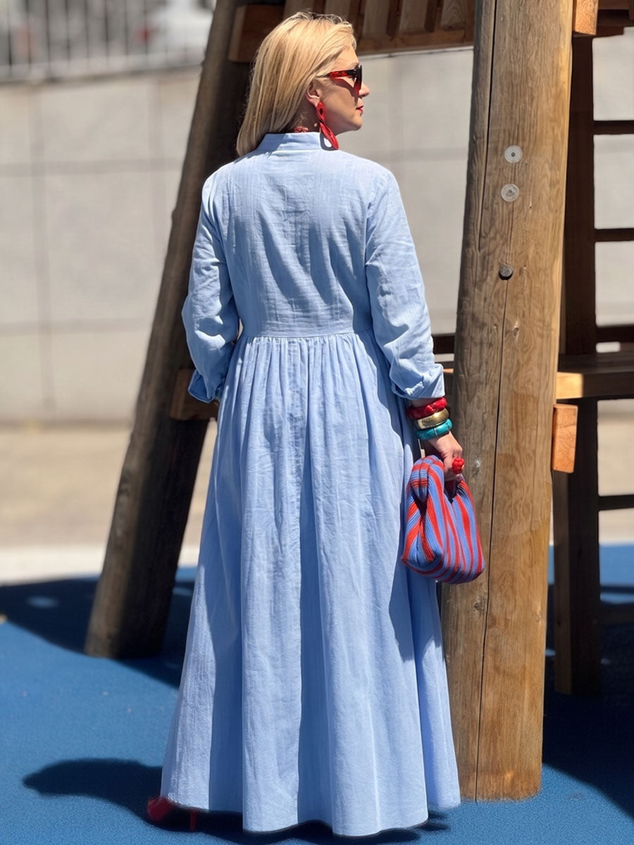 Women's Solid-color Pleated Long Cotton Dress
