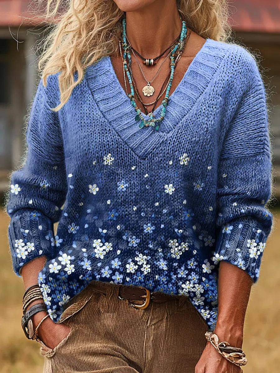 Retro Gradient Petal Art Print Casual Long-sleeved V-neck Knit Sweater