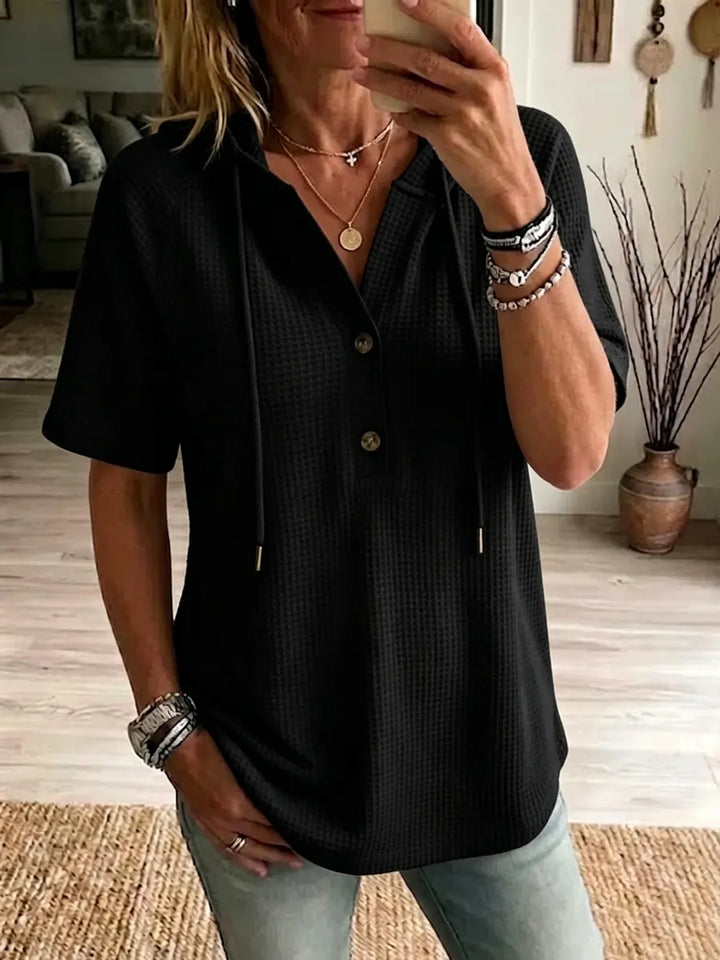 Women's Hooded Waffle Knit Short-sleeve Top