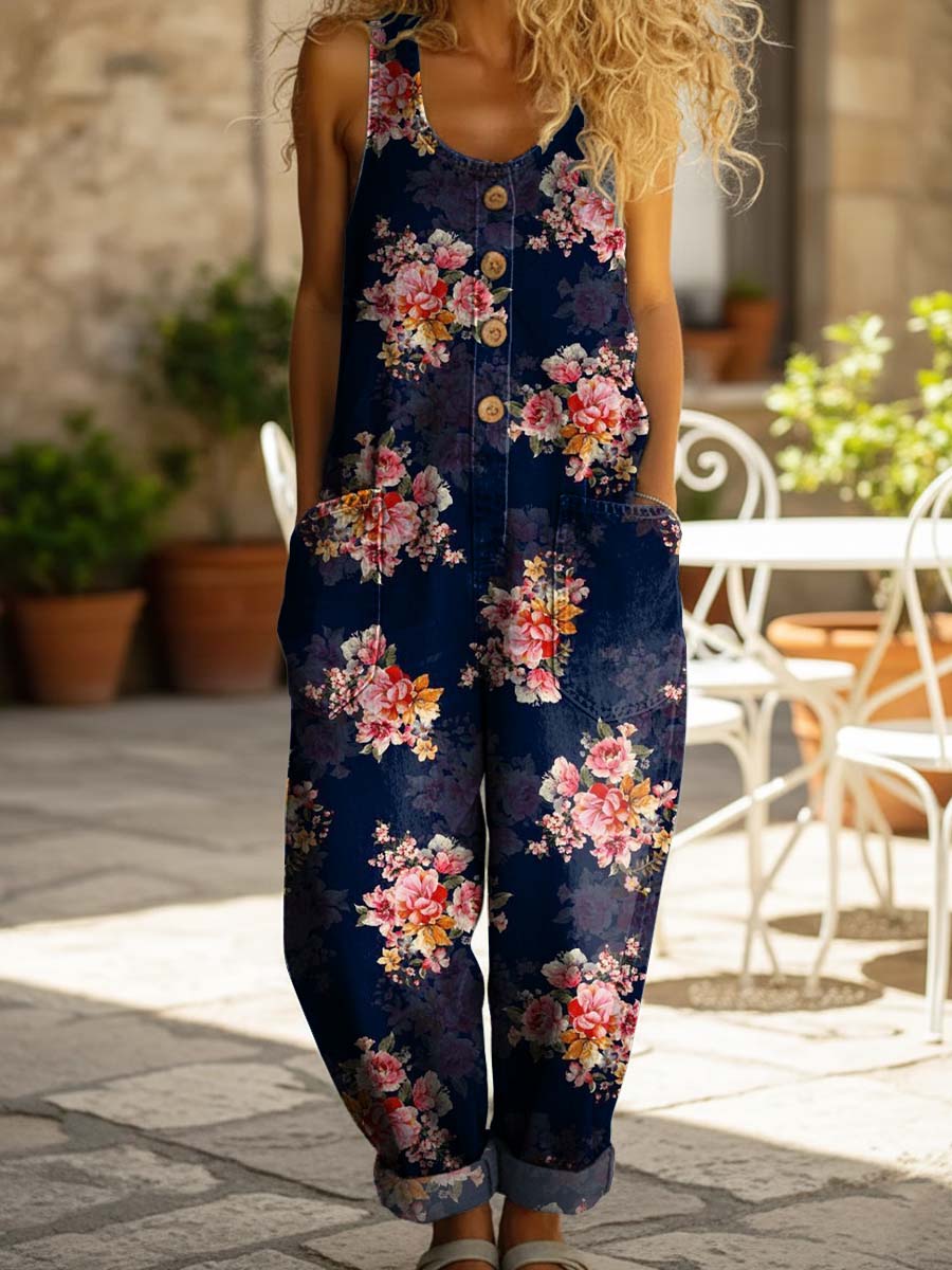 Women's Vintage Flower Print Casual Denim Jumpsuit
