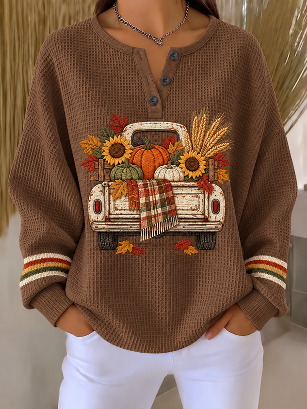 Casual Sunflower Henley Collar Long Sleeve Sweatshirt