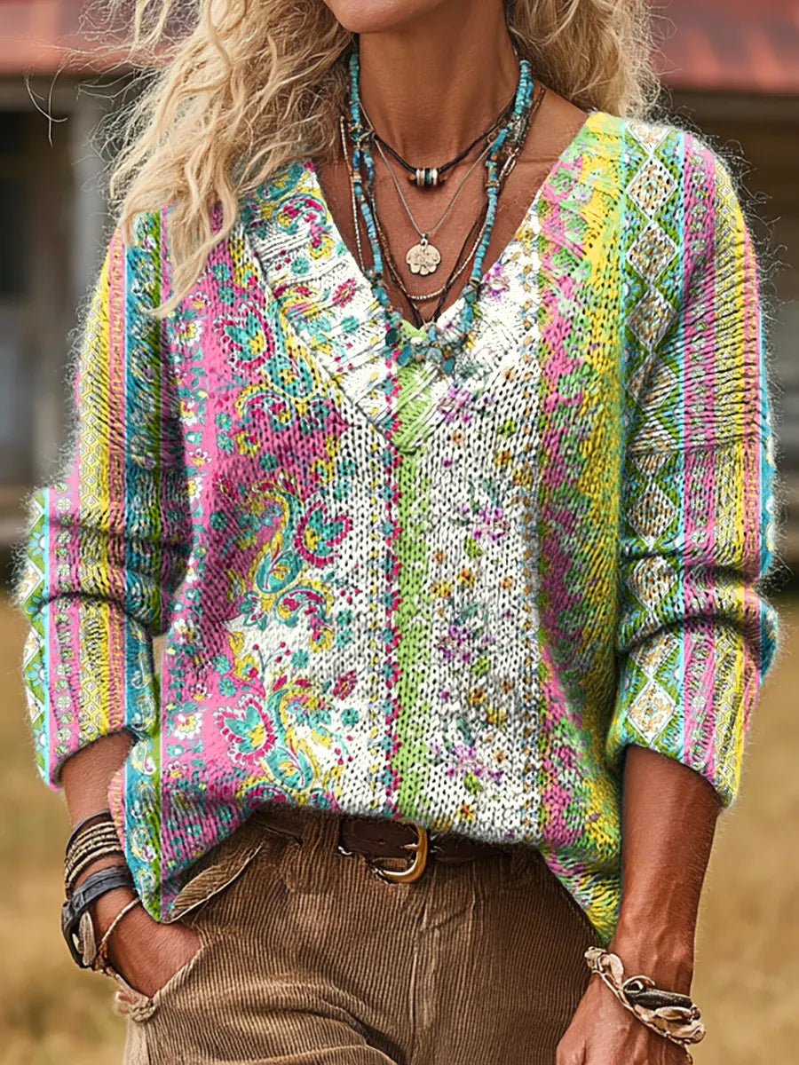 Ethnic Colorful Retro Floral Art Print Casual Long-Sleeve V-Neck Knitted Sweater