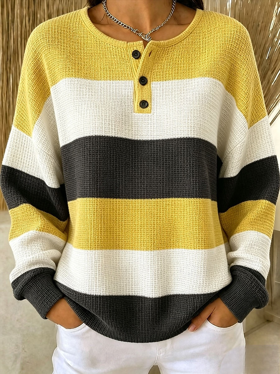 Women's Yellow Black Color Block Stripe Pattern Print Casual Waffle Cotton Sweatshirt