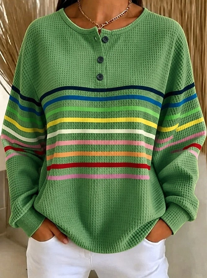 Women's Green Rainbow Multicolor Stripe Pattern Print Casual Waffle Cotton Henley Sweatshirt