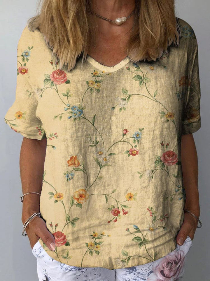 Women's Retro Floral Art Print Casual Cotton And Linen Shirt