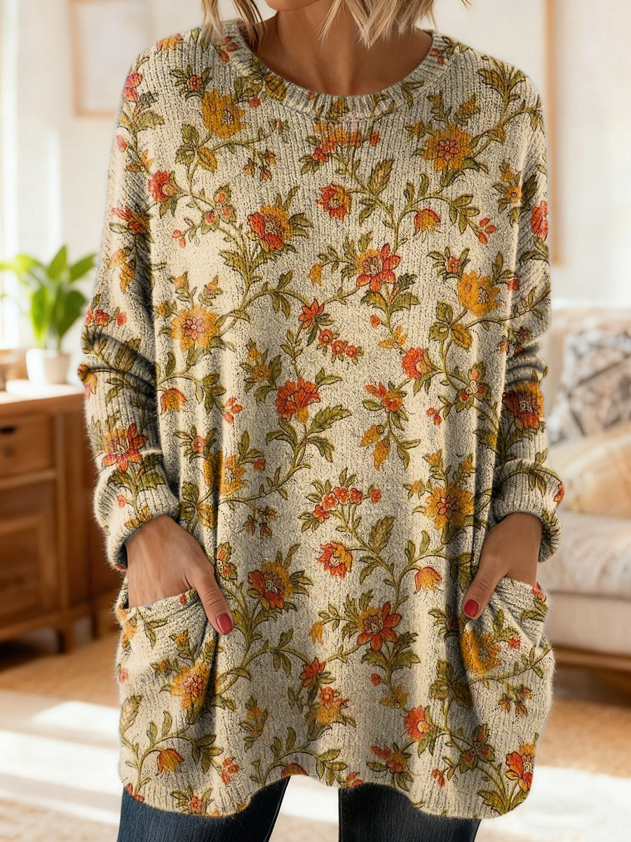 Women's Retro Floral Art Print Casual Long-Sleeve Round Neck Cotton Knit Sweater