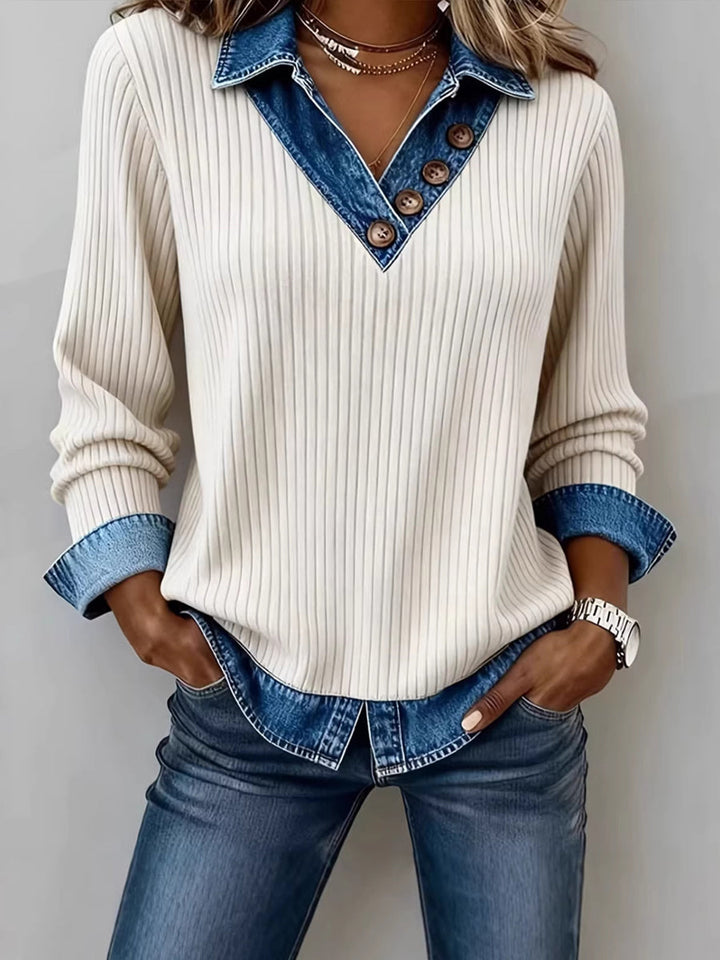 Daily Knitted White V Neck Long Sleeve Contrast Casual Denim Blouses