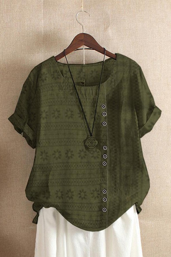 Geometric Print Buttons Round Neck Short Sleeves T-shirt