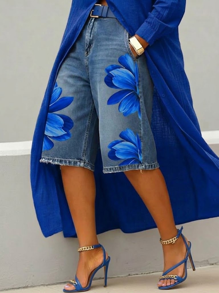 Casual Artistic Floral-print Denim Shorts