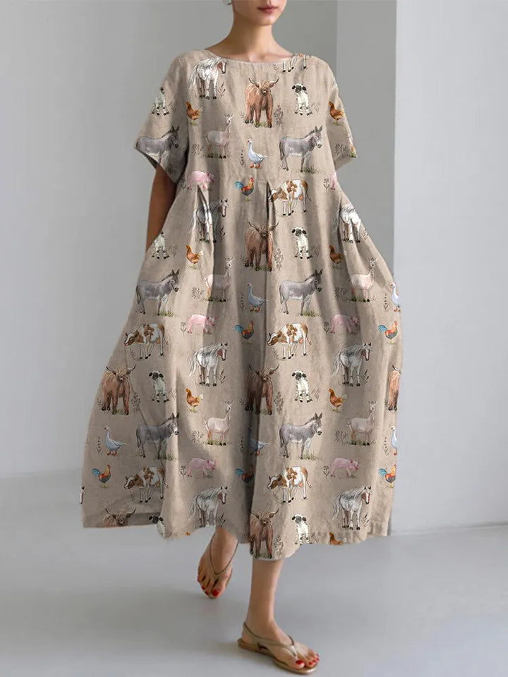 Farm Animals Print Casual Cotton Linen Dress