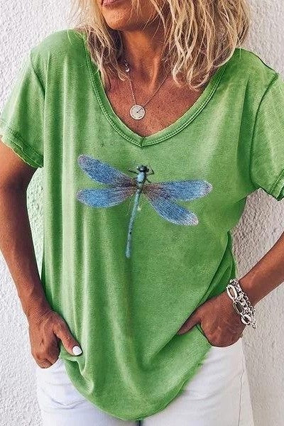 Dragonfly Print V-neck Short Sleeves T-shirt