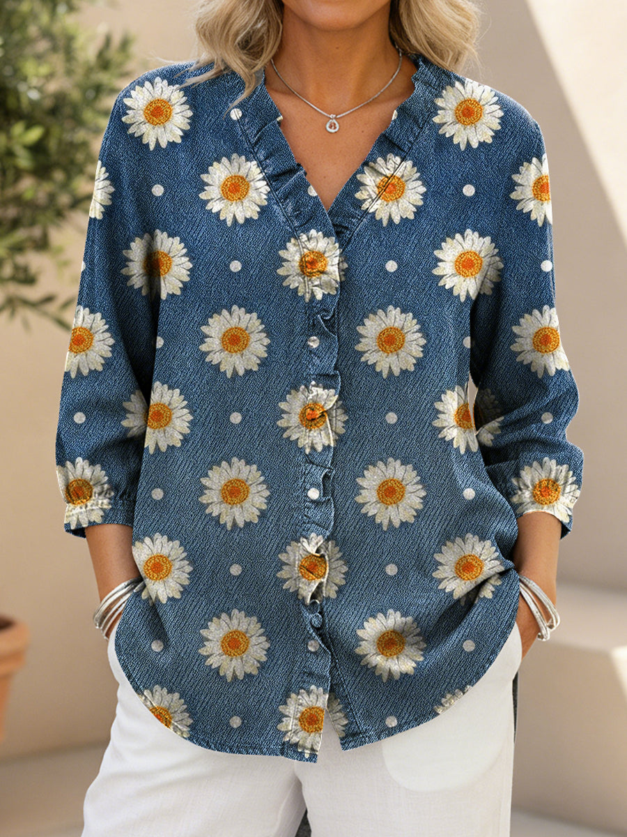 Women's Daisy Pattern Print Casual Ruffled Denim Shirt
