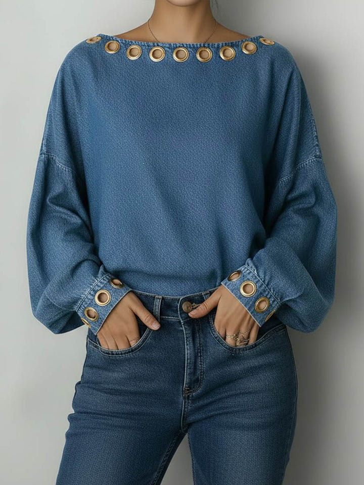 Women's Round Neck Metal Eyelet Cutout Design Casual Loose Long-sleeved Denim Top.