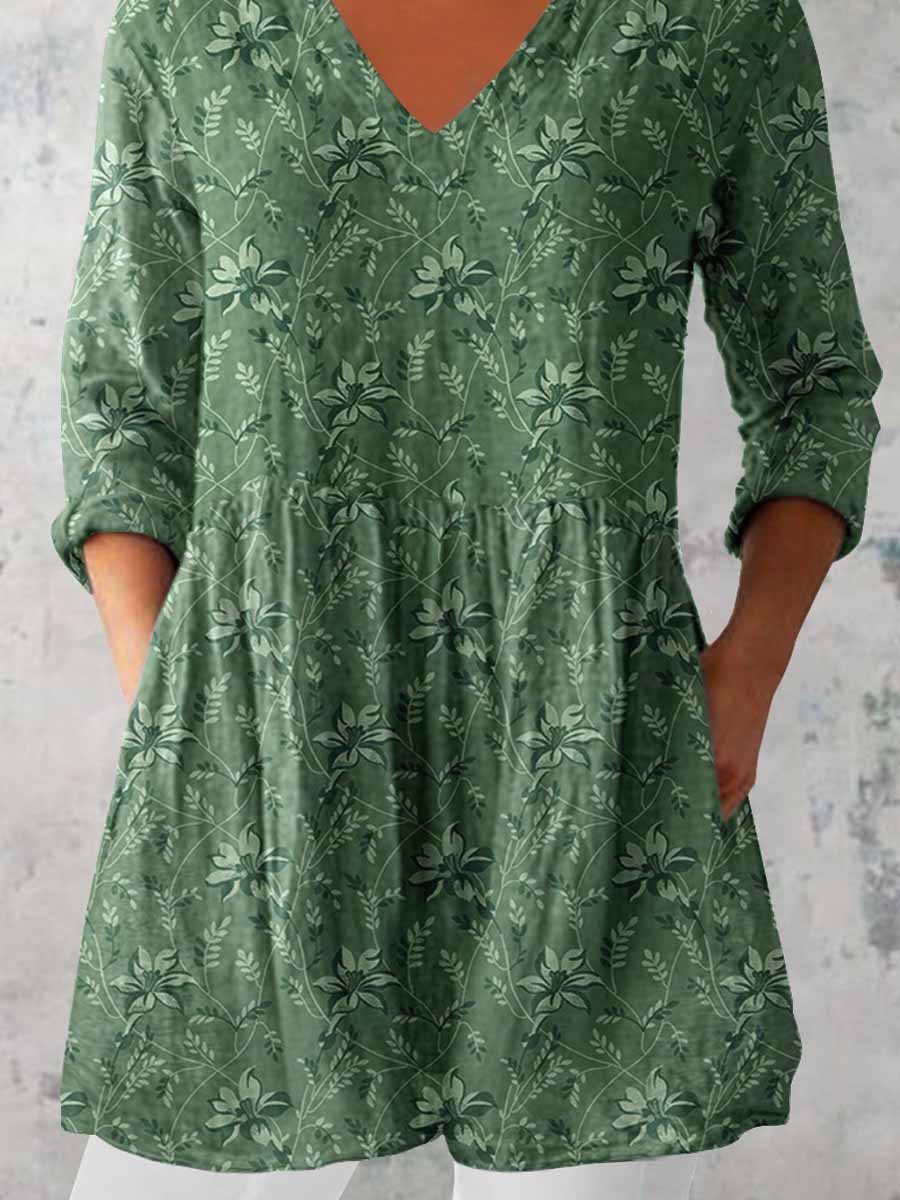 Women's Elegant Floral Pattern V Neck  Top