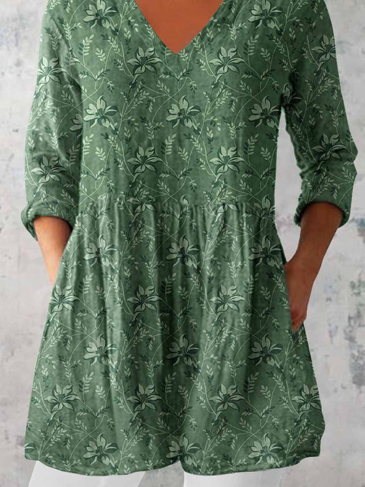Women's Elegant Floral Pattern V Neck  Top