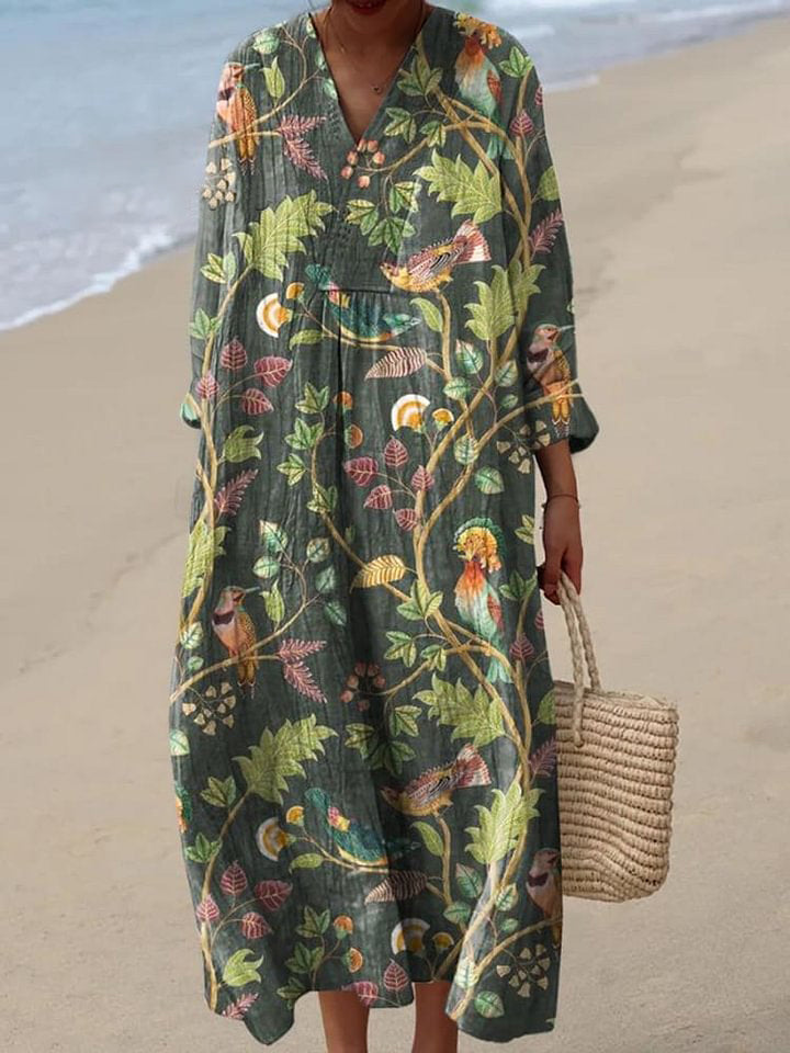 Women's Lovely Floral Birds Art Print Flowy Dress