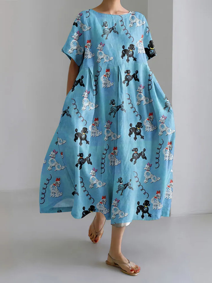 Cute Dog Print Crew Neck Short Sleeve Midi Dress