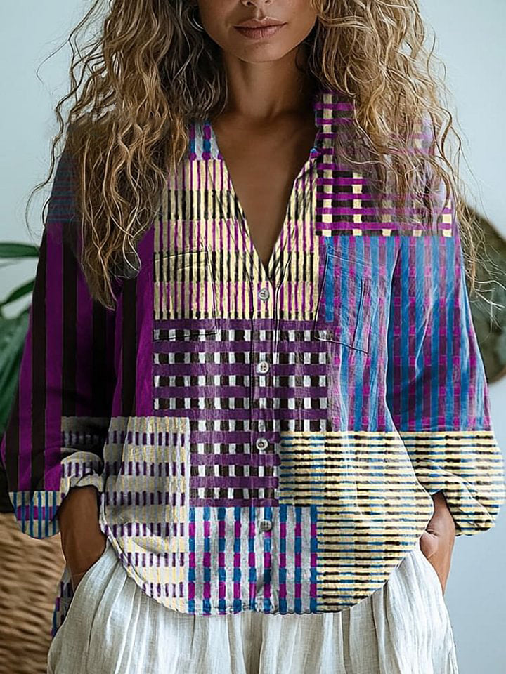 Japanese Style Geometric Pattern Printed Women's Casual Long Sleeve Comfortable Cotton Shirt