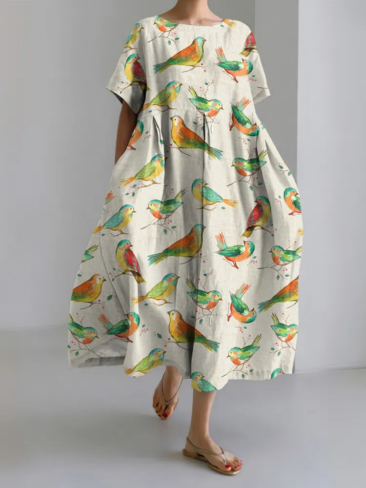 Funny Farm Forest Boho Bird Embroidery Art Pattern Linen Blend Dress