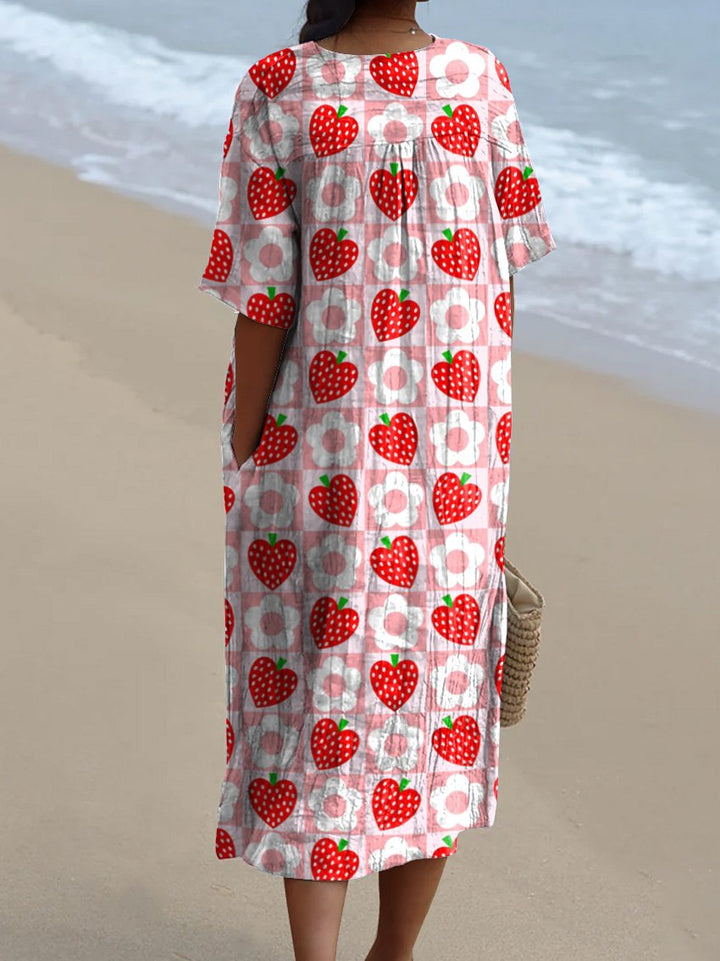 Lovely Strawberry And Floral Pattern Printed Women's Flowy Dress