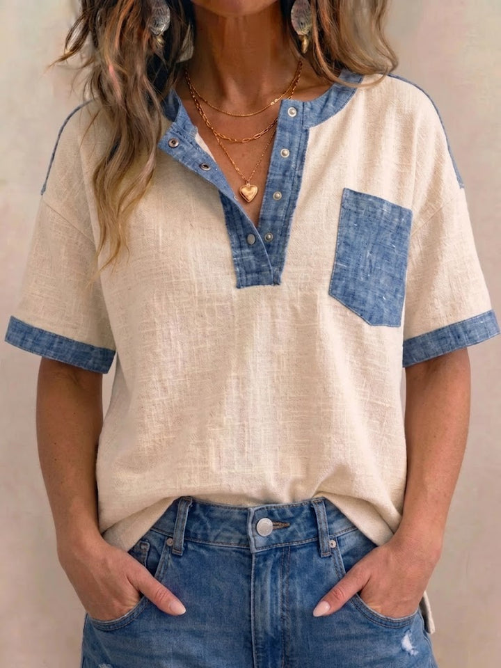 Women's V-neck Short Sleeve Casual Loose Patchwork Top