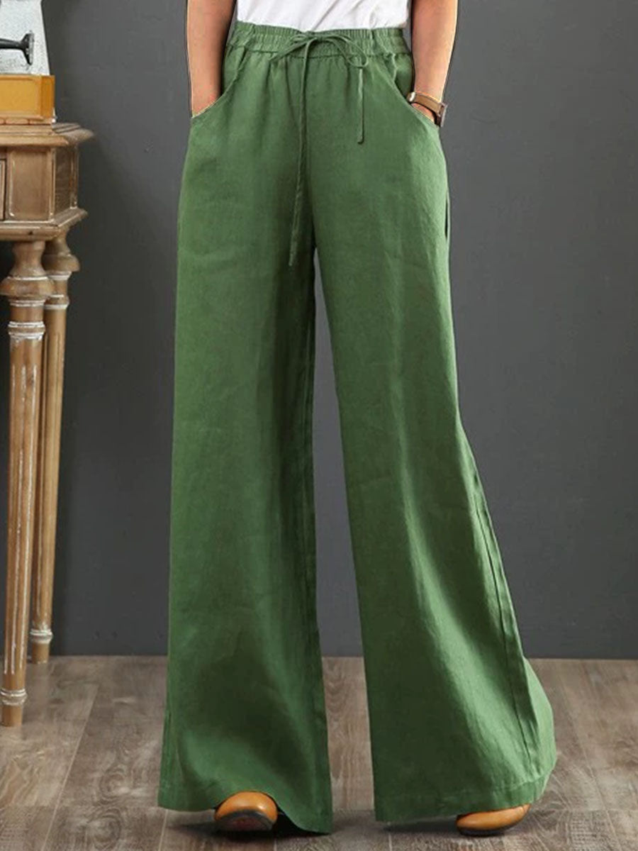 Women Solid Color Elastic Waist Pockets Casual Linen Wide Leg Pants