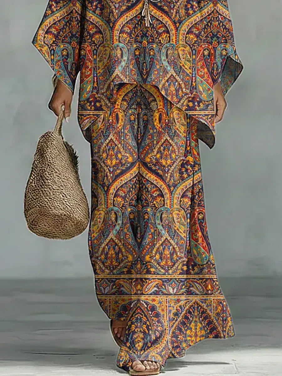 Women's Vintage Floral Art Comfortable Loose Cotton Linen Wide-leg Pants Two-piece Set