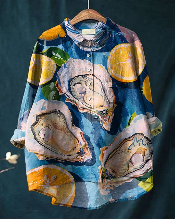 Vintage Lemon Oyster Print Cotton and Linen Shirt