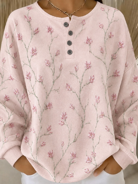 Casual Floral Henley Collar Long Sleeve Sweatshirt