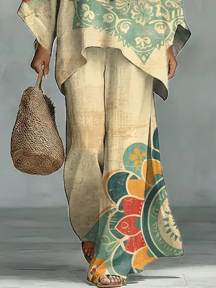 Women's Vintage Ethnic Floral Art Comfortable Loose Cotton Linen Wide-leg Pants Two-piece Set