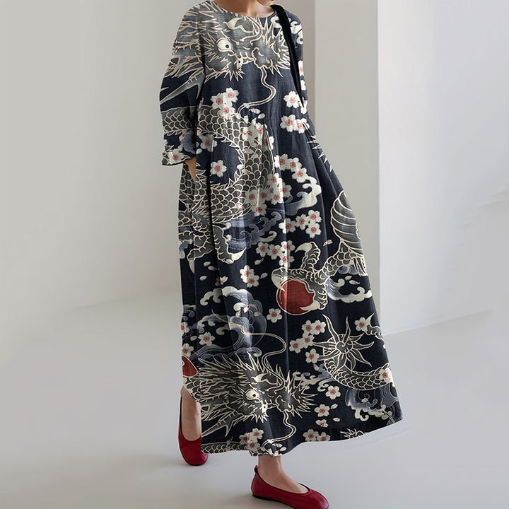 Vintage Japanese Art Print Midi Dress