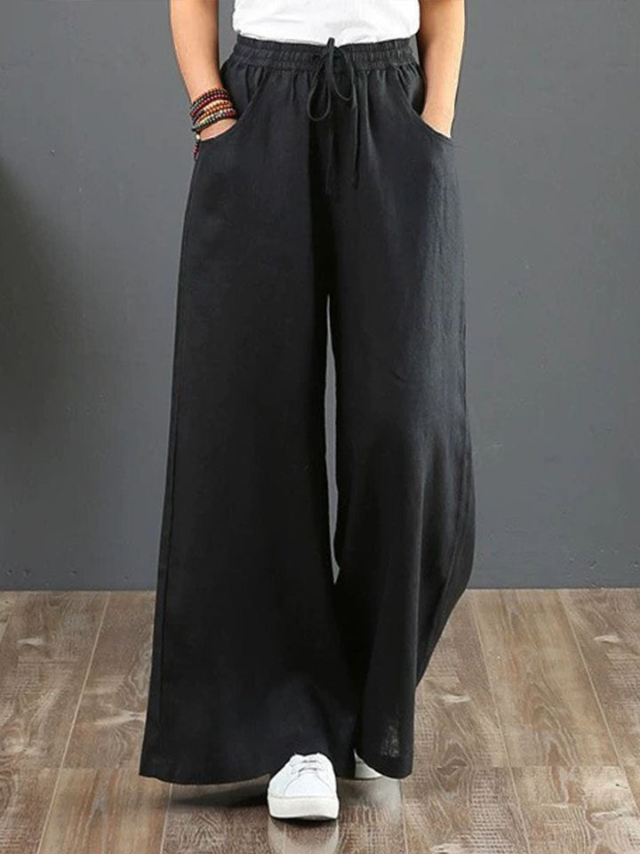 Women Solid Color Elastic Waist Pockets Casual Linen Wide Leg Pants