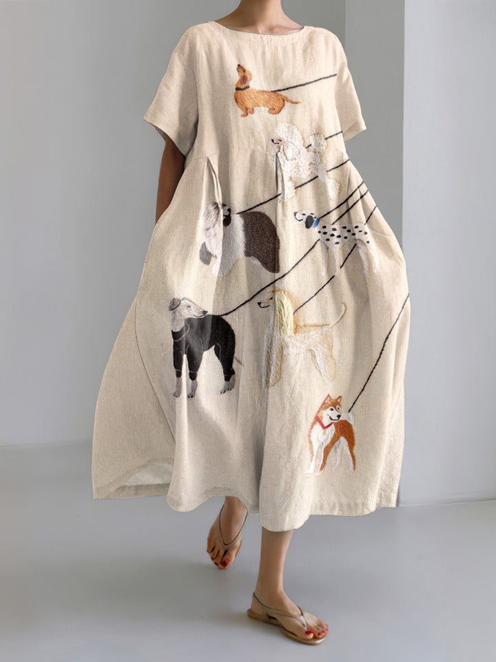 Embroidered Dog Art Print Loose Midi Dress