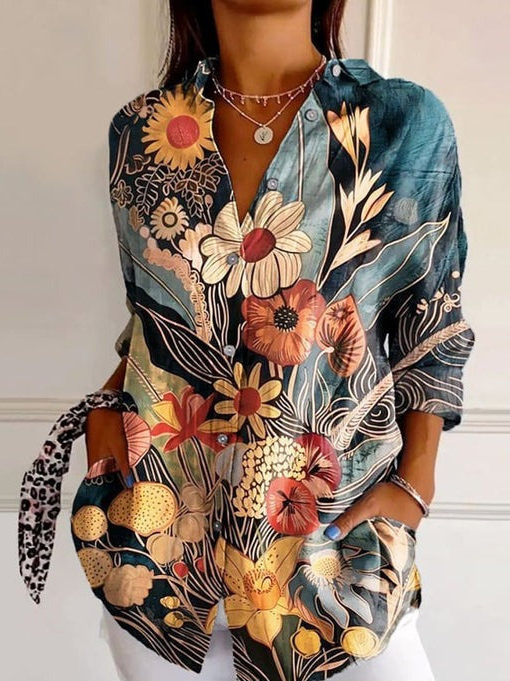 Women's Shirt Cotton Button Up Floral Geometric Basic Comfy Blouse